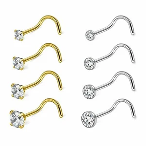 8pcs 18G Surgical Steel Round CZ L-Shaped Nose Screw Studs Rings Body Piercing - Picture 1 of 19