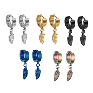 Mens Women Stainless Steel Feather Drop Dangle Huggie Hinged Hoop Studs Earrings - Picture 1 of 30