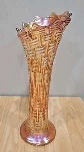 Vtg Dugan 11" Basketweave Swung Vase Marigold Iridized Carnival Glass  VGUC - Picture 1 of 7