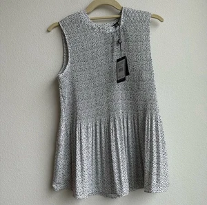 Neu mit Etikett Adrianna Papell schicke ärmellose plissierte Bluse weiß schwarz gepunktet Größe S - Bild 1 von 7