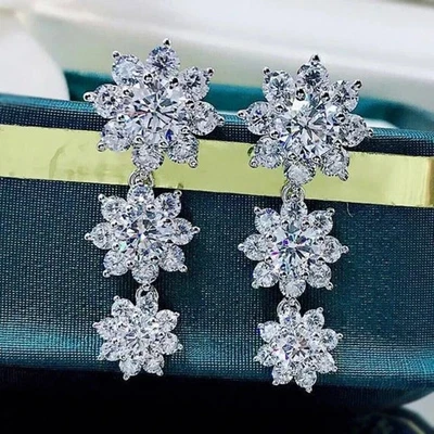 4Ct Lab Created Diamond Round Flower Drop Dangle Earrings 14K White Gold Plated - Image 1 of 4