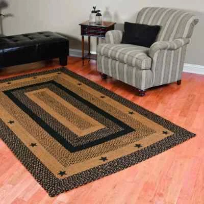 Star Black Braided Area Rug By IHF Rugs. Oval & Rectangle. Many Sizes. Black/Tan - Image 1 of 4