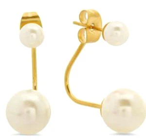 Pearl earrings 18 kt yellow gold on stainless steel double round 4 mm 8mm New - Picture 1 of 2