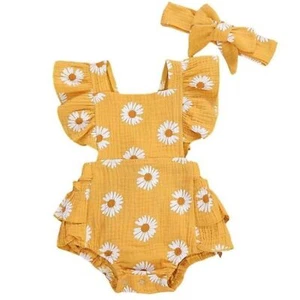 Baby Girls Daisy Playsuits Ruffled Bodysuit & Headband - 6 to 12 Months Yellow - Picture 1 of 5