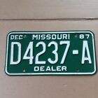 1987 Missouri DEALER license Plate - "D4237-A" (white on green) DEC 87