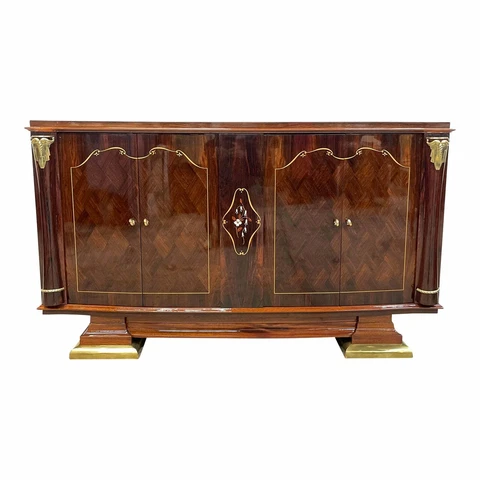 French Art Deco Palisander Mother of Pearl Inlay Sideboard by Jules Leleu 1940s Cover
