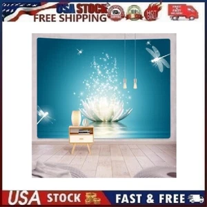 Zen Blue Lotus Floral Tapestry with Dragonfly Print Wall Hanging Decor 79"x59" - Picture 1 of 12