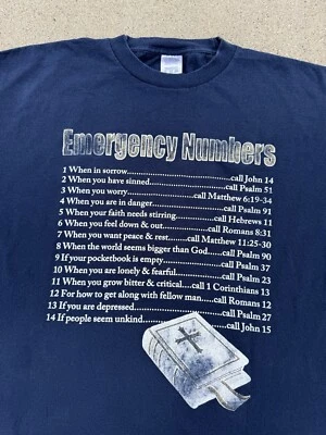 Camiseta De Colección Años 90 00 Números de Emergencia Versículo Bíblico Religión Jesús Talla 2XL Foto 1 de 3