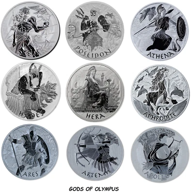 Gods of Olympus 1oz Silver coins - Tuvalu, Zeus Poseidon Hades Hera Ares Apollo - Image 1 of 4