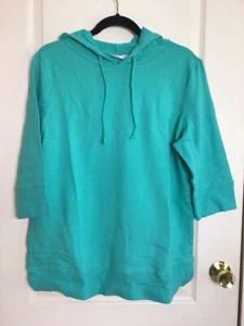 Belle Kim  Gravel Beach Malibu blue hooded 3/4 sleeve tunic Sweatshirt M - Picture 1 of 6