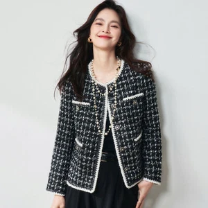 French Style Womens Round Neck Short Coat Tweed Jacket Single Breasted Spring Sz - Picture 1 of 18