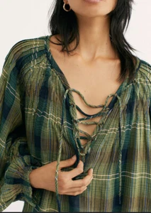 Free People tunica a quadri oversize orlo grezzo maglione autunno verde Cloudbreaker XS - Foto 1 di 11