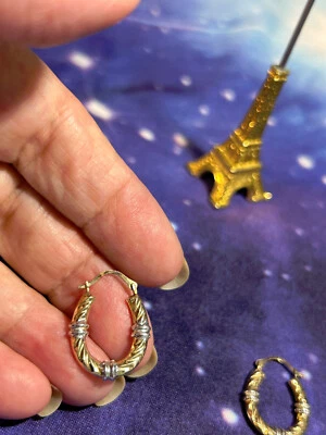 YELLOW AND WHITE 10K GOLD  3/4" OVAL HOOP EARRINGS - Image 1 of 4