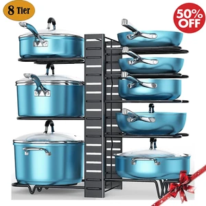 8-Tier Pot & Pan Organizer Rack with Lid Holder for Kitchen Cabinet - Picture 1 of 16