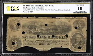 NY $3 BROOKLYN New York Nassau Bank March 1, 1859 PCGS VG 10 Haxby NY-340 G6 - Picture 1 of 2