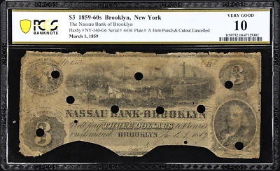 NY $3 BROOKLYN New York Nassau Bank March 1, 1859 PCGS VG 10 Haxby NY-340 G6 - Image 1 of 2