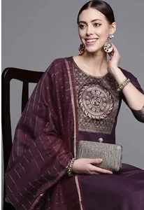 Women Indian Kurta set; Ethnic Purple Yoke design Kurta Palazzo and dupatta - Picture 1 of 9