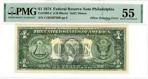 1974 Offset Printing Error $1 Federal Reserve Note Philadelphia Fr#1908-C 55 PMG - Picture 1 of 2