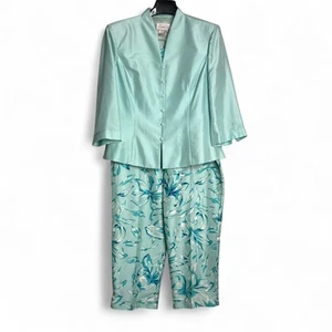 Adrianna Papell Size 14 Aqua Silk Pant Suit Beaded Tropical Floral Summer Dressy - Picture 1 of 15