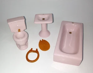 Vintage rosa Porzellan Puppenhaus Badewanne Waschbecken Toilette Badezimmer - Bild 1 von 23