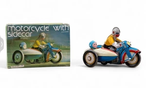 Vintage Uhrwerk MS-70 Motorrad mit Beiwagen zum Aufziehen Blechspielzeug mit Box QSH MS-709 - Bild 1 von 11