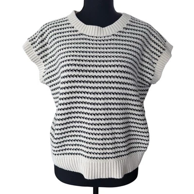 Striped Knit Sweater Vest Womens M Black White Preppy Academia Minimalist Fall - Image 1 of 4