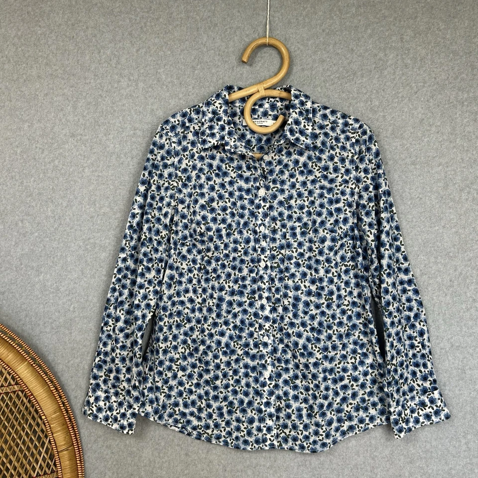 Sportscraft Cotton Shirt Button Up Size 12 M Blue Floral Flower Print  - image 1 of 4