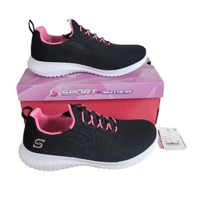 Skechers S Sport Vana Performance Sneakers Black Pink Size 3 Bungee Slip On NEW - Picture 1 of 11