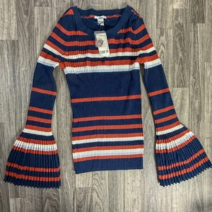 NWT Bar III Bell Sleeve Sweater Large Navy Red Stripe Ribbed Stretch Knit - Picture 1 of 6