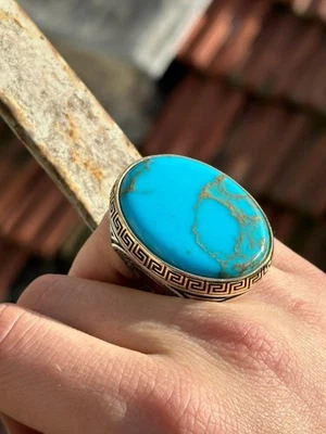 Anel grande estilo grego turquesa azul natural 925 - Imagem 1 de 4