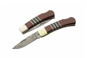 Neu Klapp Taschenmesser Holzgriff Messing Heftbacken Damast Ätzung rostfreie Klinge - Bild 1 von 3