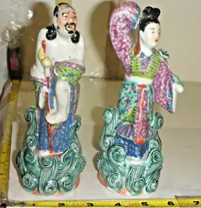 2 antike chinesische handbemalte Famille Rose Porzellanfiguren ~ 7" hoch - Bild 1 von 12
