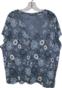 Top de mujer Lucky Brand cuello en V estampado floral mariposa azul manga corta talla L nuevo con etiquetas - Imagen 1 de 7