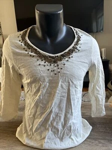 Women’s COLDWATER CREEK Casual Top Shirt Bronze Sequin Trim 3/4 Slvs Sz XS (4-6) - Picture 1 of 4