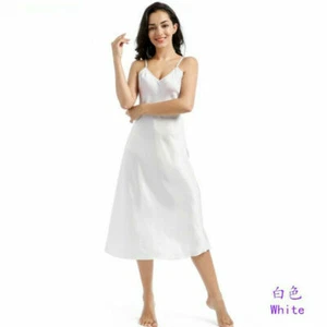 Women Faux Silk Satin Sexy Dress Loose Midi V Neck Strap Sleepwear Nightie - Picture 1 of 15