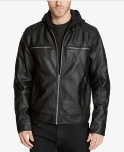 $228 Guess Men Black Faux-Leather Detachable-Hood Motorcycle Coat Jacket Size M - Picture 1 of 6