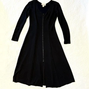 NICOLE STUDIO NY Vintage Black Dress Womens 6 Midi Stretch Pullover Faux Buttons - Picture 1 of 9