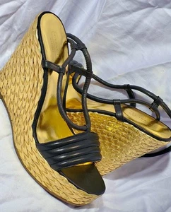COACH Blanch Black Leather/Gold Wedge Heels Ankle Strap Platform Sandals Sz. 8M - Picture 1 of 11