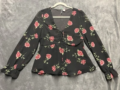 Разделенный H & M блузка женский размер 2 черный цветочный прихоть готический романтический пеплум Babydol - Изображение 1 из 4