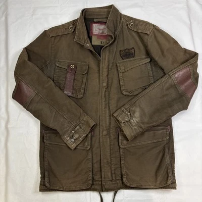 Chevignon Military style Jacket Men’s XL Brown Cotton Pockets Leather Accent - Image 1 of 4