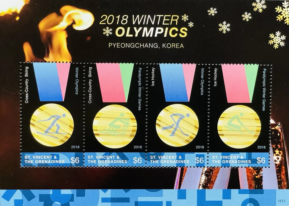 圣文森特 2018 年冬季奥运会邮票 4 张全新邮票冰上曲棍球滑雪运动 — 第 1/1 张图片
