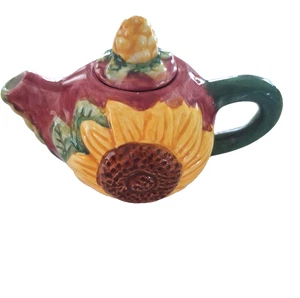 Tetera vintage miniatura girasol cerámica 4"x2,5" con tapa extraíble coleccionable - Imagen 1 de 10