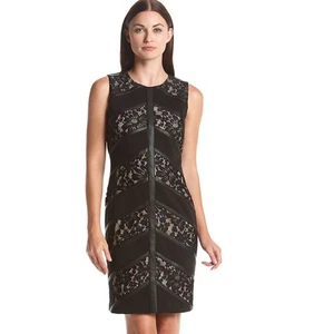 New Calvin Klein Lace Sheath Bodycon Midi Dress Black Feather Sleeveless 2 4 6 8 - Picture 1 of 7