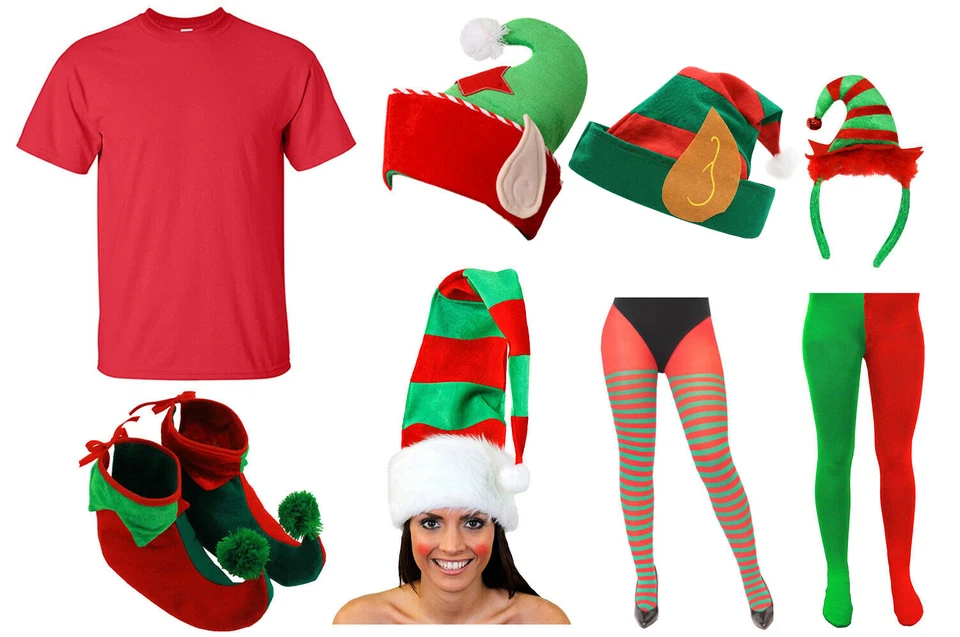 ILOVEFANCYDRESS ELF COSTUME RED GREEN CHOICE SET SANTAS HELPER CHRISTMAS MENS LADIES FANCY DRESS