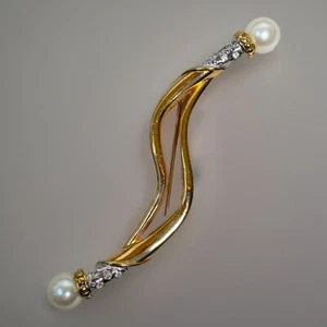 Long Vintage Double Ended Faux Pearl Diamanté Silver & Gold Tone Wave Bar Brooch - Picture 1 of 11