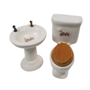 Badezimmer Podest Waschbecken & Toilette Porzellan Floral 1:12 Puppenhaus Miniatur - Bild 1 von 6