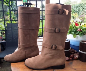 Shoebox ladies tan brown real suede leather low heel biker boots size 7 / 40 - Picture 1 of 16