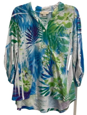 Camisa estilo Henley Impulse para mujer talla XL verde azul multi floral pestaña enrollable F40 Foto 1 de 4