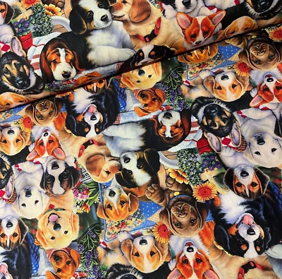 Stoff Meterware Baumwollstoff Hund Patchworkstoffe Hunde niedliche Welpen Blumen - Bild 1 von 4