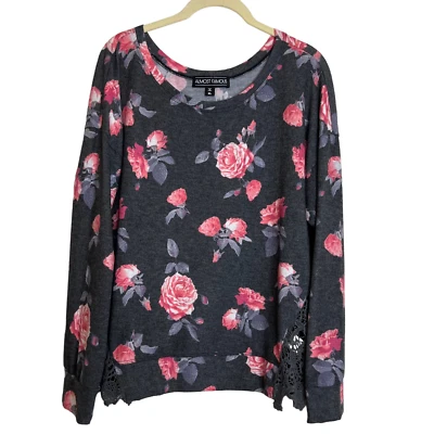 Top de mujer casi famoso XL gris rosa floral manga larga ganchillo inserciones laterales Foto 1 de 4